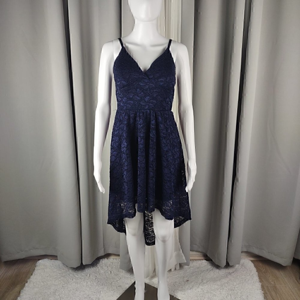 Liley Rose Women's Navy Blue, Lace, High-Low, Lined, Midi Dress Size Medium